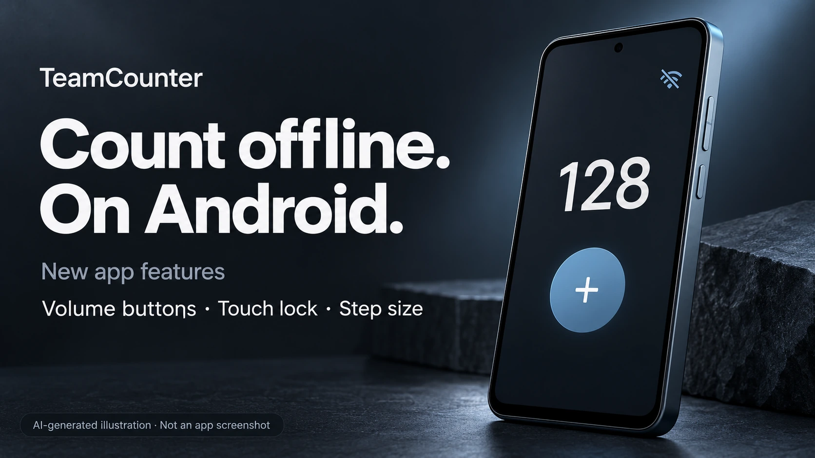 AI illustration of TeamCounter’s offline tally counter for Android showing an example count of 128.