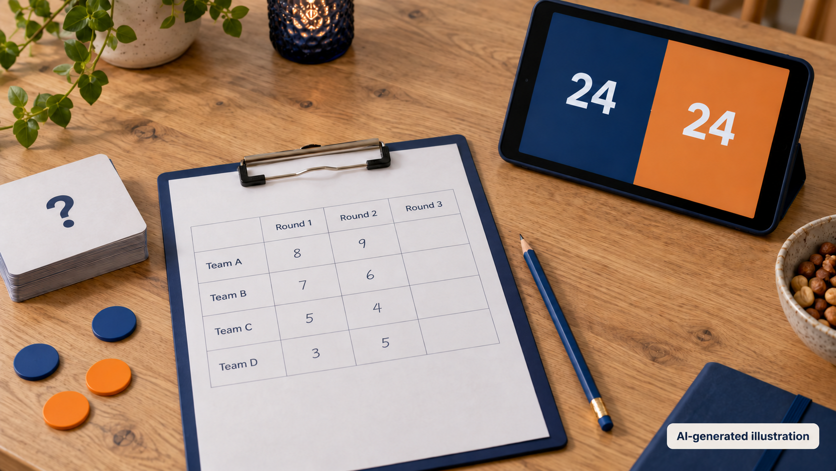 Quiz scoring sheet on a clipboard beside a tablet displaying two tied team scores.