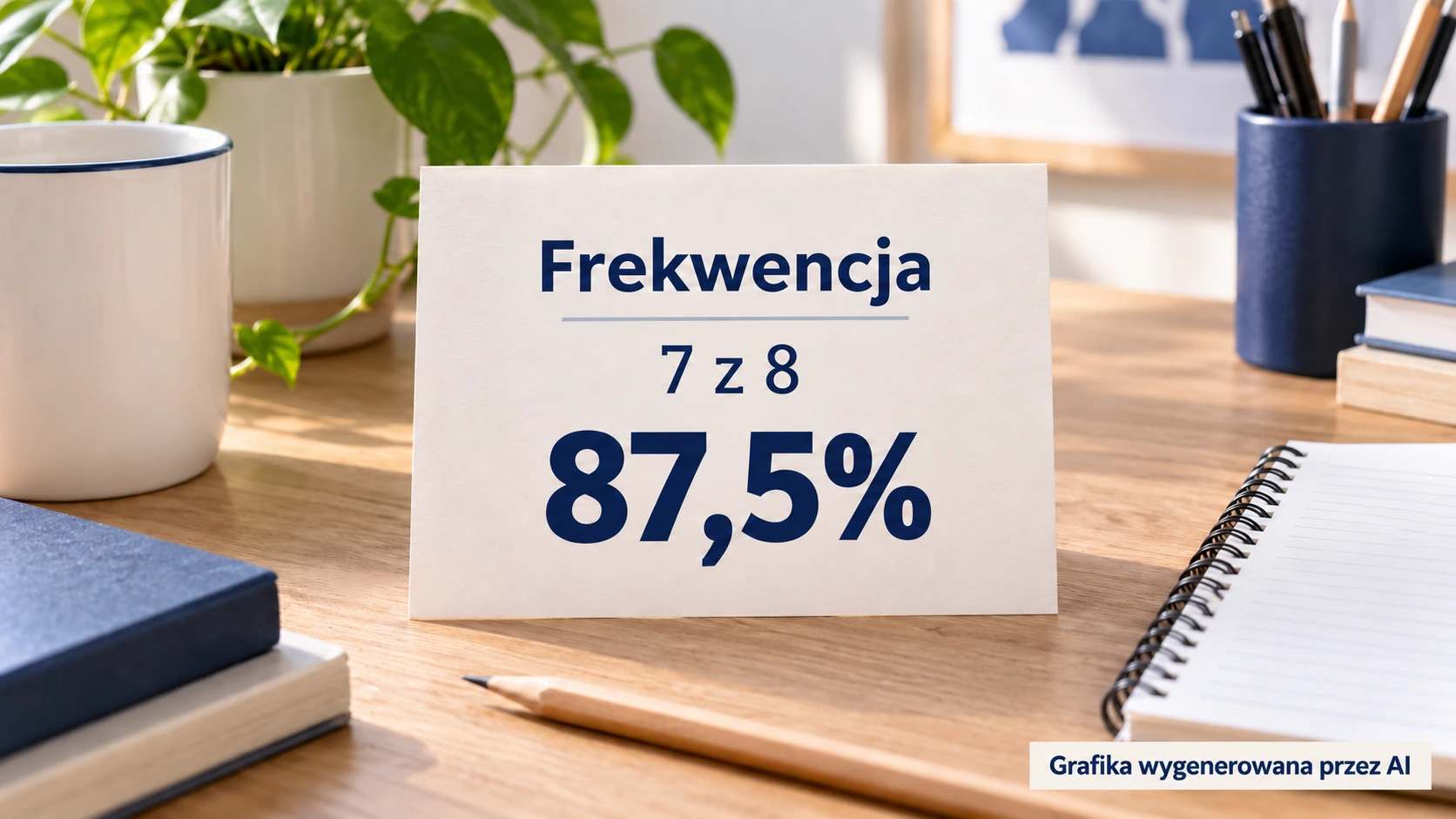 Karta z napisem Frekwencja, przykładem 7 z 8 zajęć i wynikiem 87,5% na biurku.