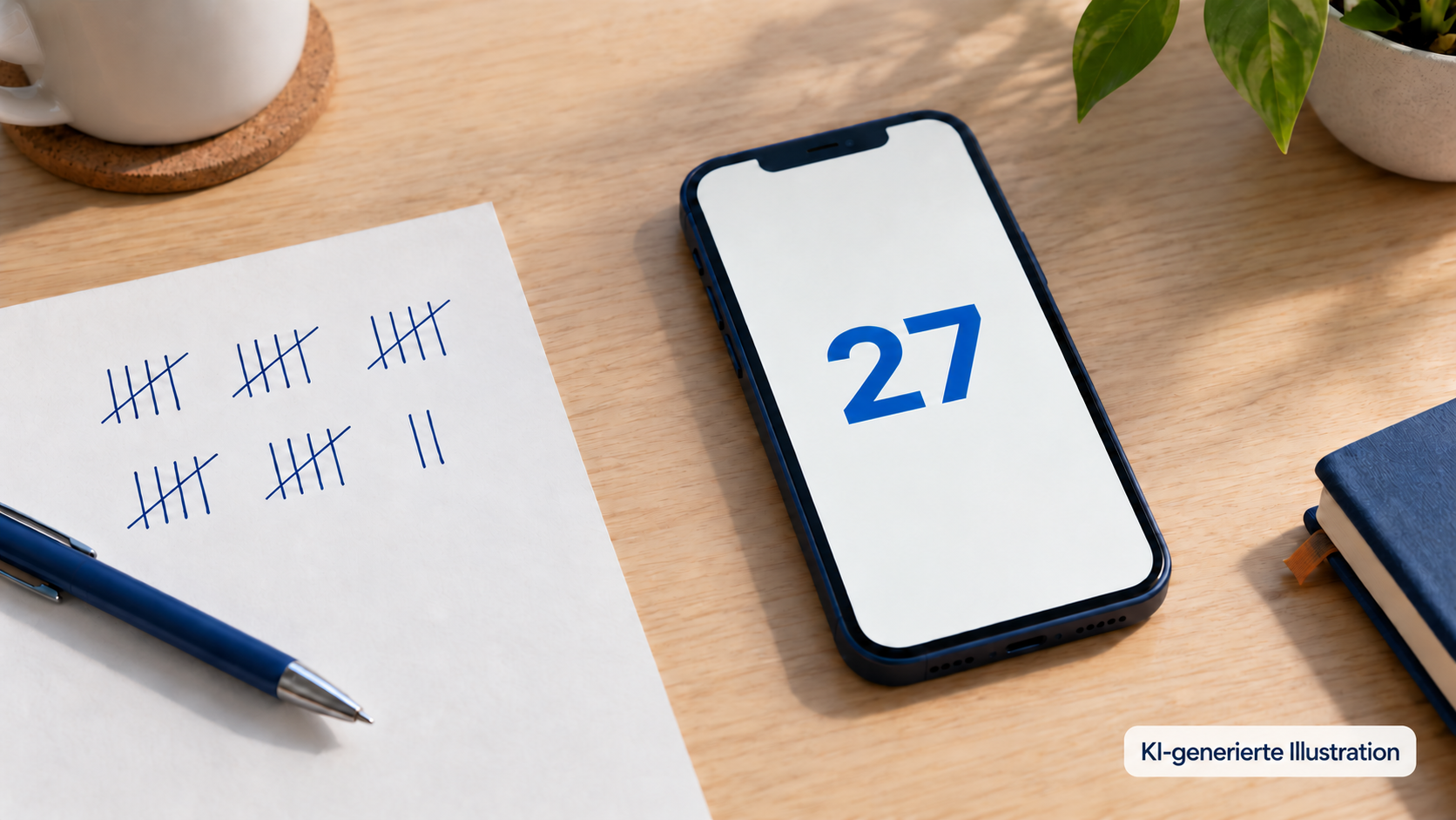 Smartphone mit Zählerstand 27 neben einer Papierstrichliste und einem Stift.