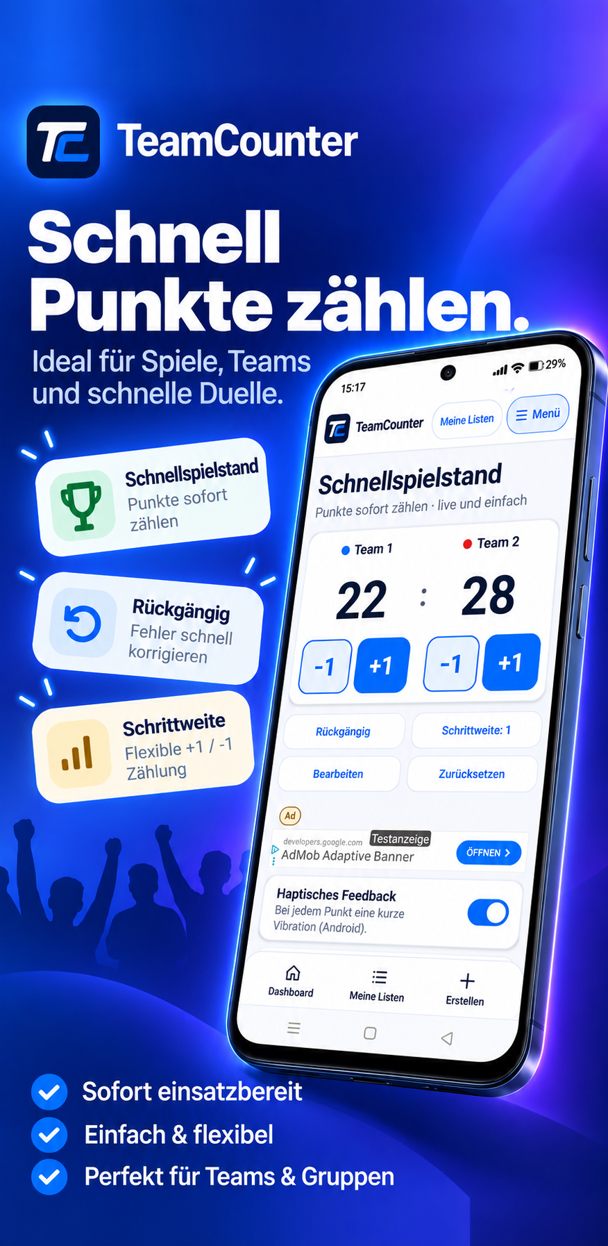 Grafik zum TeamCounter-Schnellspielstand mit Smartphone, zwei Teams beim Stand 22 zu 28 sowie Plus, Minus, Rückgängig und Schrittweite