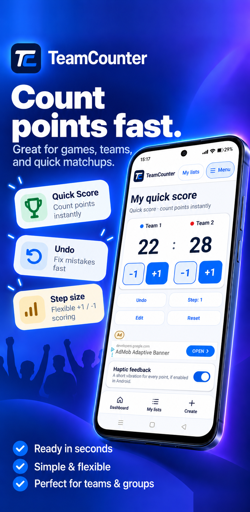 Illustrative TeamCounter Quick Score graphic with a phone, two teams at 22 to 28, plus and minus controls, Undo and step size