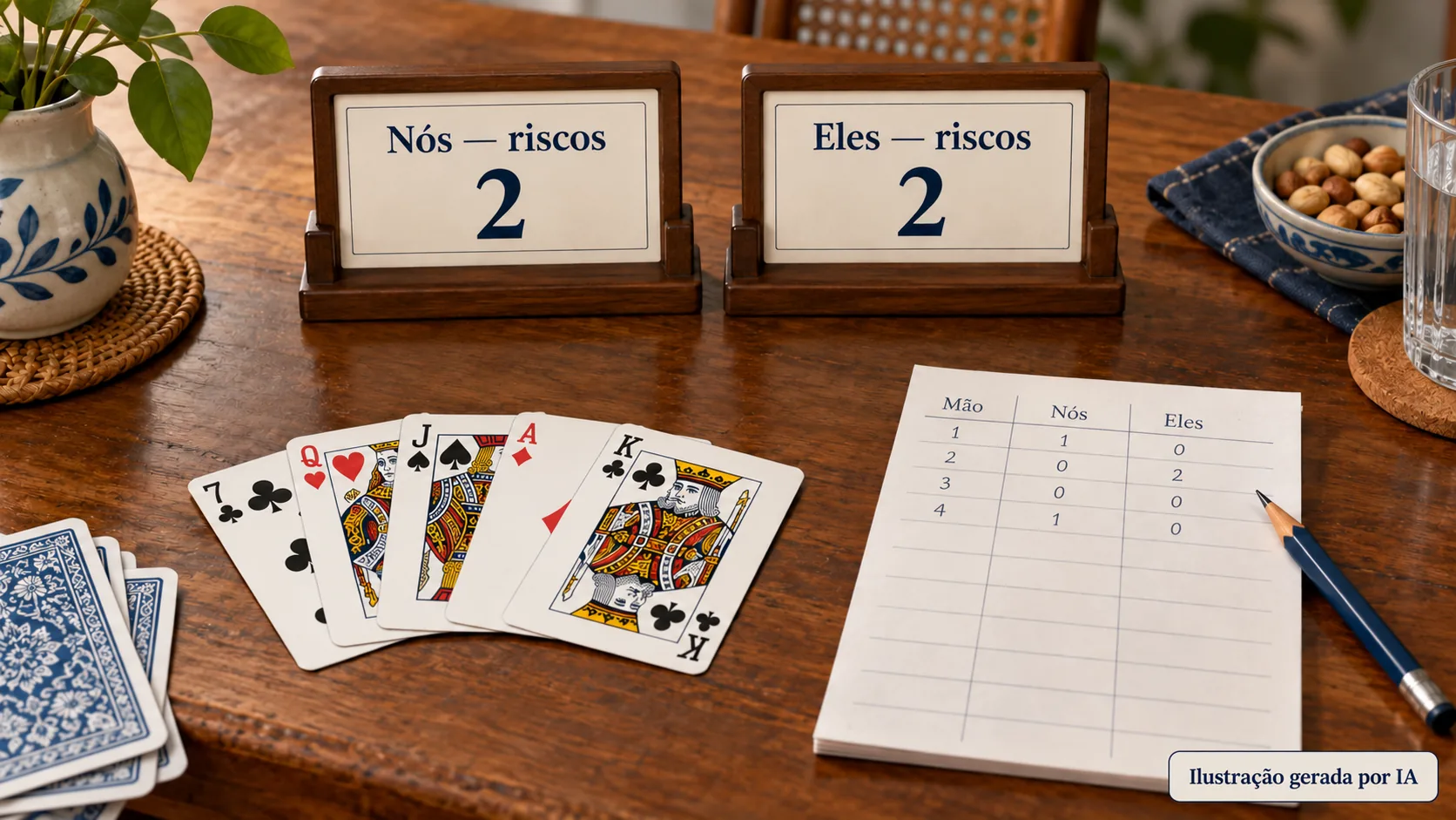 Marcador de sueca com duas equipas empatadas a dois riscos, cartas e um registo das mãos.