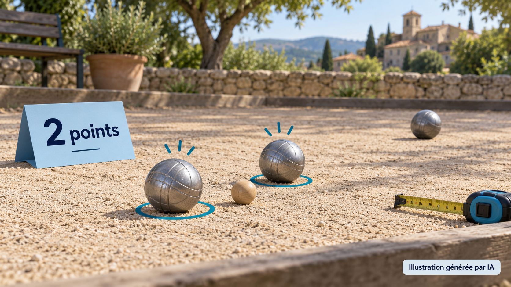 Boules de pétanque autour du cochonnet, avec deux boules marquantes et un repère de deux points.