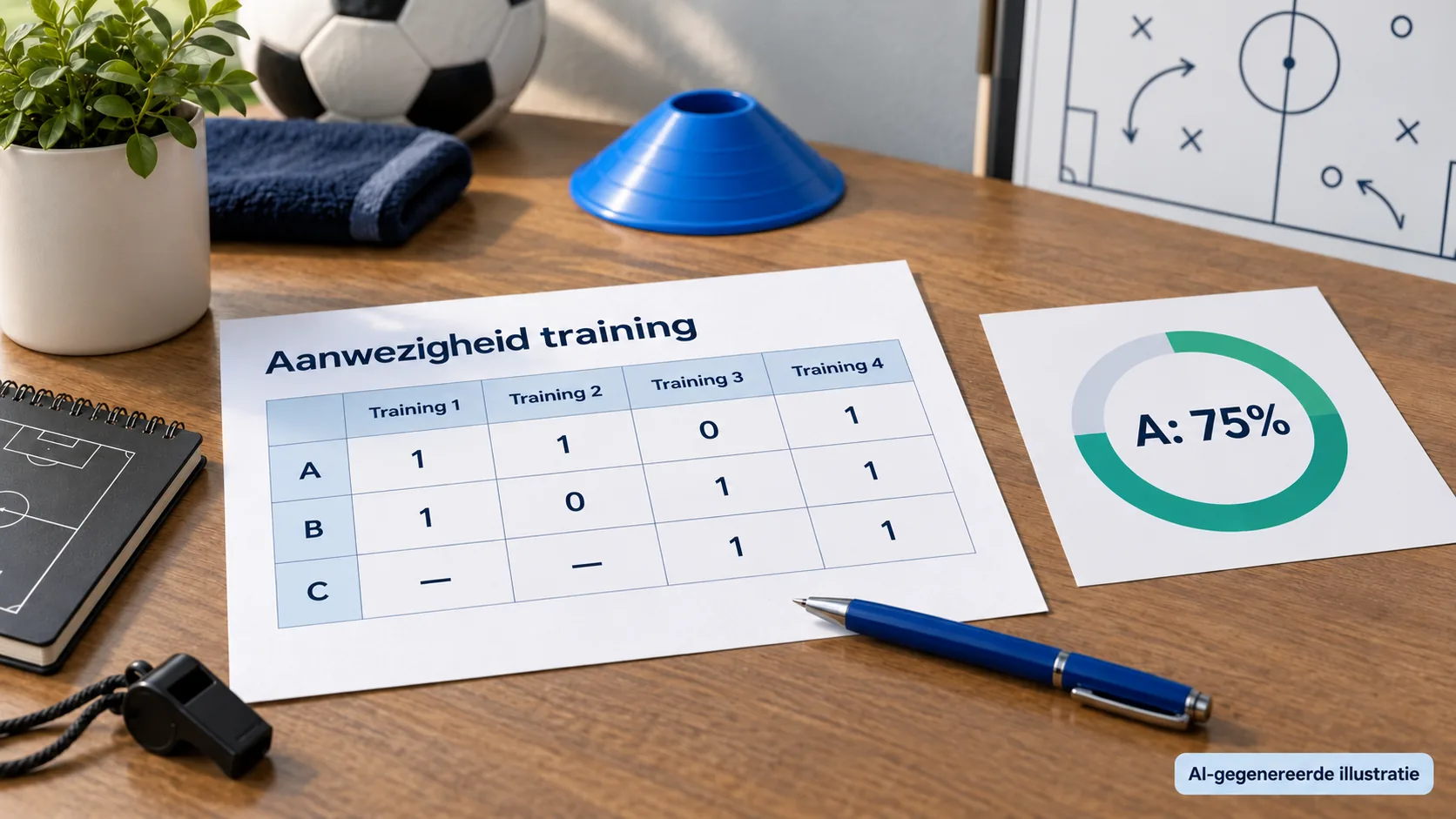 Maandlijst voor training met deelnemers A, B en C en een kaart met 75 procent.