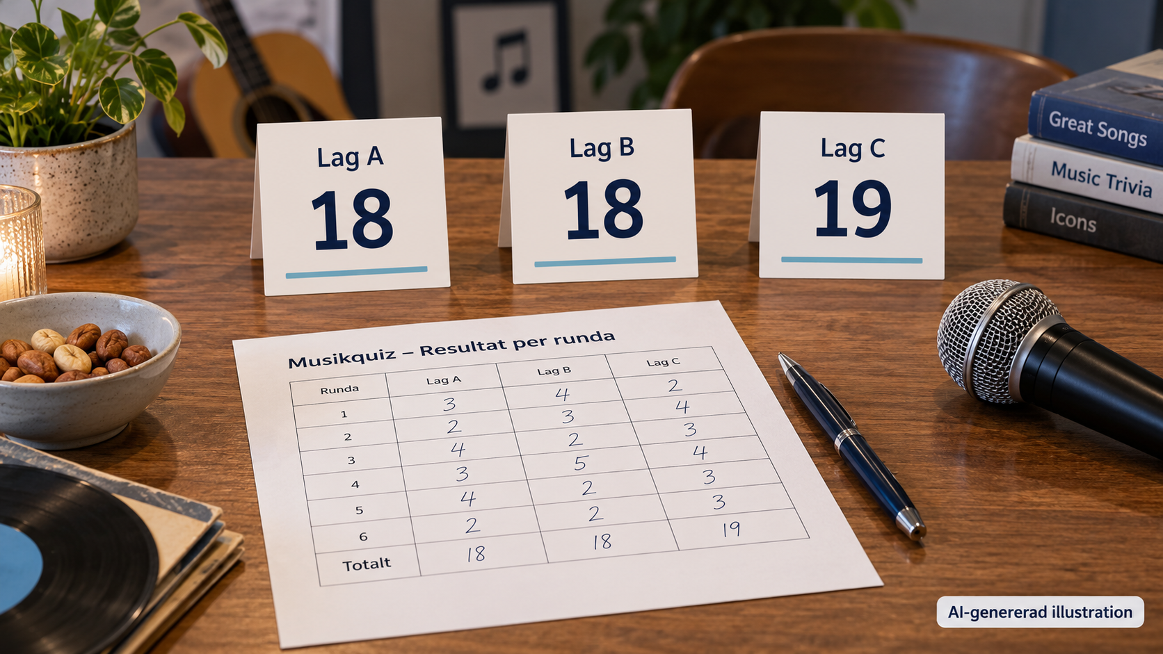 Poängblad för musikquiz bredvid lagkort med 18, 18 och 19 poäng.