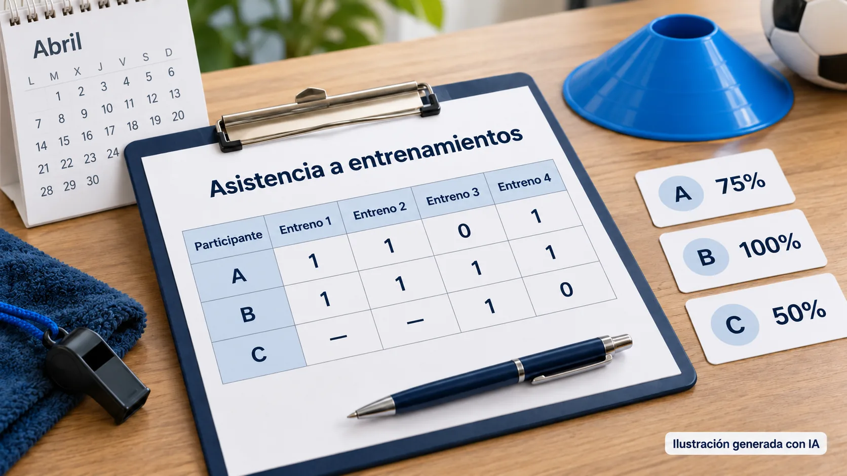 Tabla de asistencia a entrenamientos junto a tarjetas con porcentajes para tres participantes.