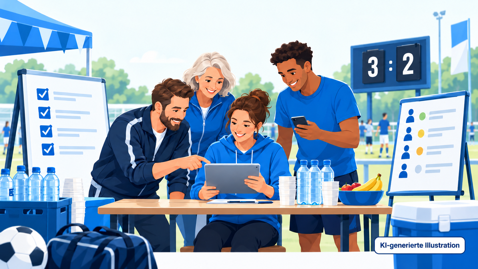 Vier Vereinshelfer mit Smartphone und Tablet am Organisationstisch auf einem Sportplatz, neben Checklisten, Getränken und einem Spielstand von 3 zu 2