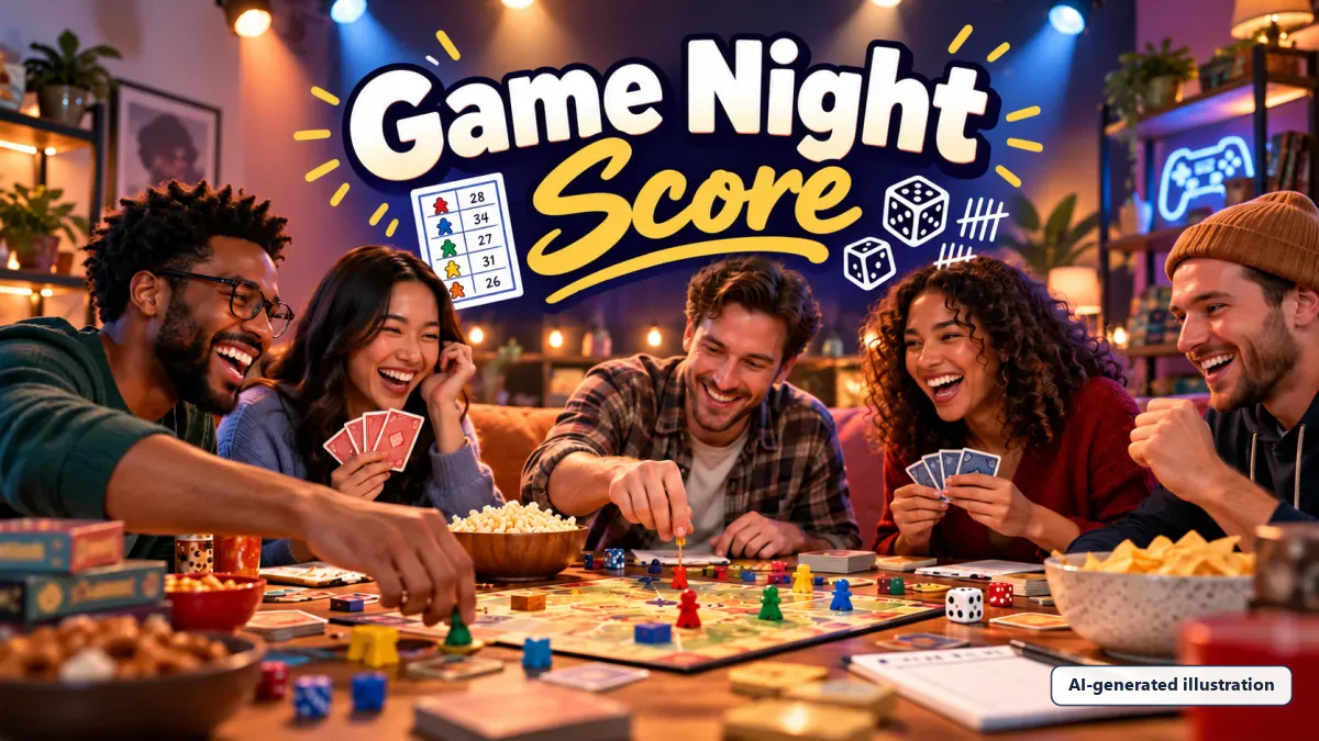Five friends laughing around a game night table with a board game, playing cards, dice, popcorn and a paper score sheet.
