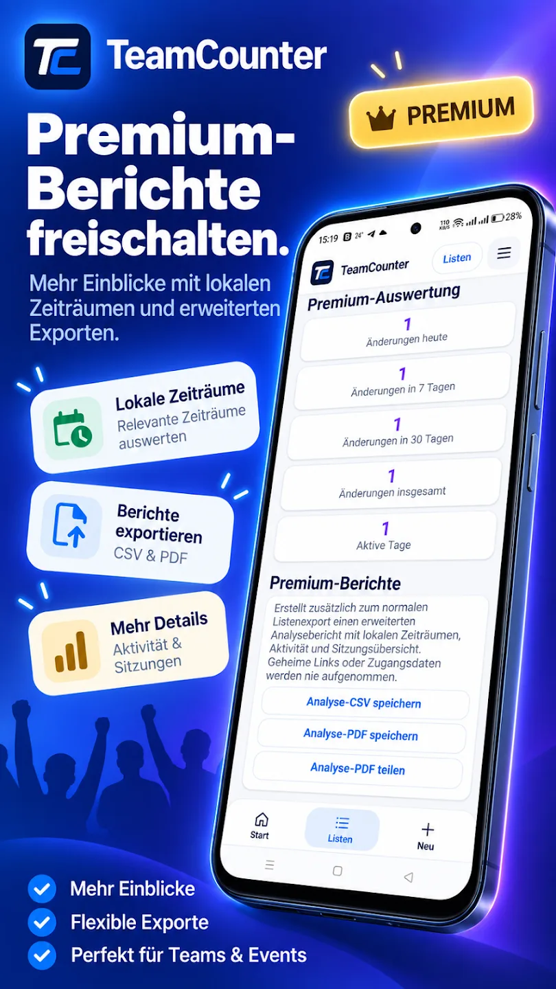 TeamCounter Premium-Werbemotiv: Premium-Berichte mit lokalen Zeiträumen, Analyse als CSV und PDF auf einem Android-Smartphone