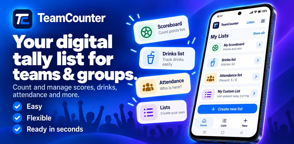 TeamCounter app promotion: tally lists, scoreboard, drinks list and attendance on an Android phone